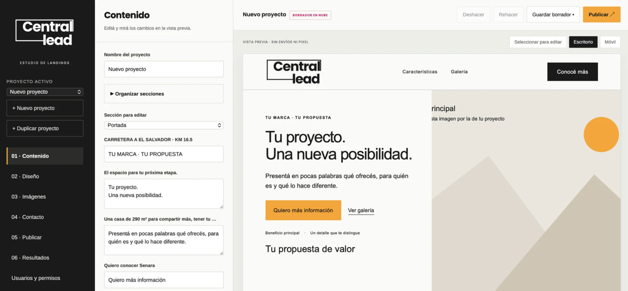 Editor de Landing Builder de Central Lead con controles de contenido y vista previa de la página inmobiliaria